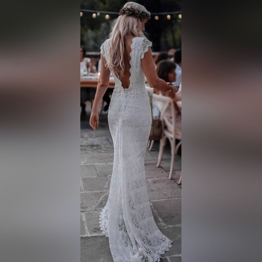 Mermaid Backless Lace Boho Cap Sleeve Bohemian Wedding Dress size 16 white